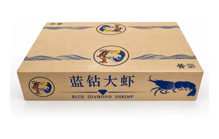 Blue Diamond Shrimp — Identidad beige y azul con el emblema original de la empresa.